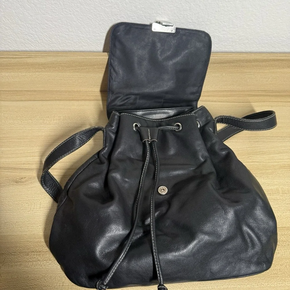 Ralph Lauren Leather Drawstring Bucket Shoulder Bag Hobo Black‎